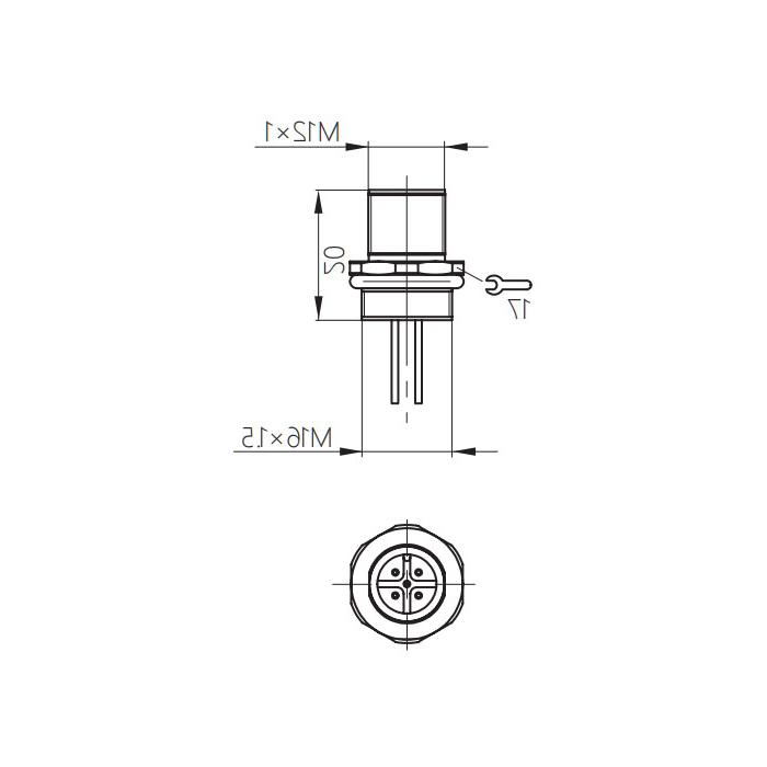 M12 4Pin、公头直型、法兰插座、板前安装、适用于PCB安装、64SA21P