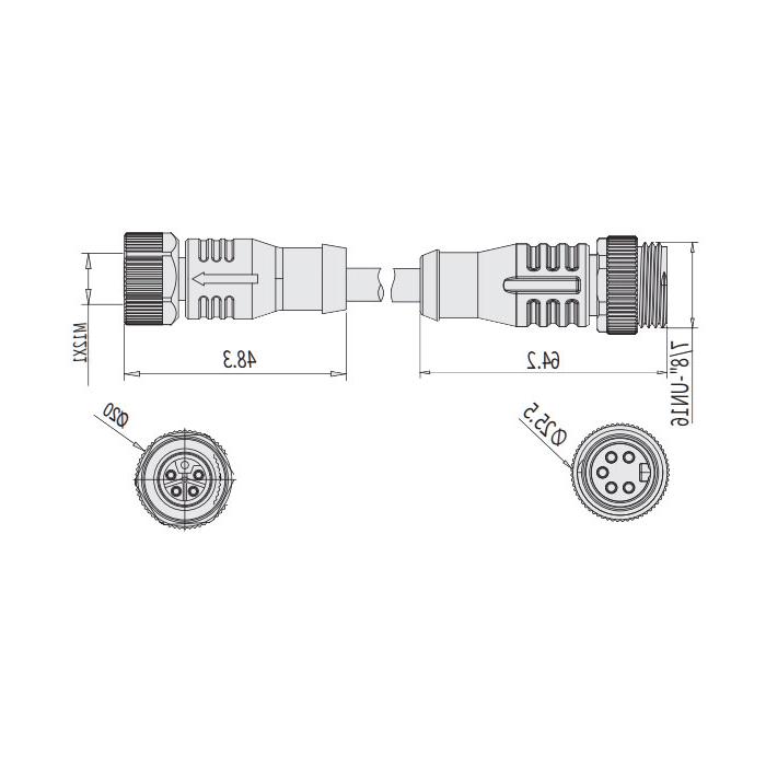 M12 5Pin 母头直型L-coded转7/8”5Pin 公头直型A-coded、双端预铸PUR柔性电缆、黑色护套、64L785-XXX