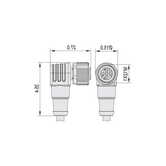 M12 5Pin 、母头90°、引脚5黄绿、单端预铸PUR柔性电缆、黑色护套、64S289-XXX