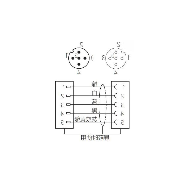 M12 5Pin 、母头90°转公头直型、双端预铸PUR柔性电缆、带屏蔽、黑色护套、64D305-XXX